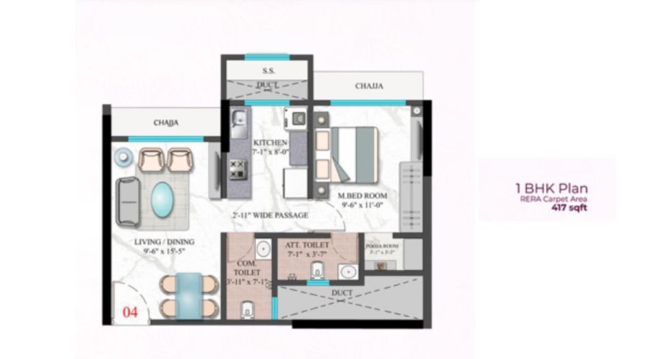 Modirealty-Wisteria-Floor-Plan-1 BHK-417 Sqft